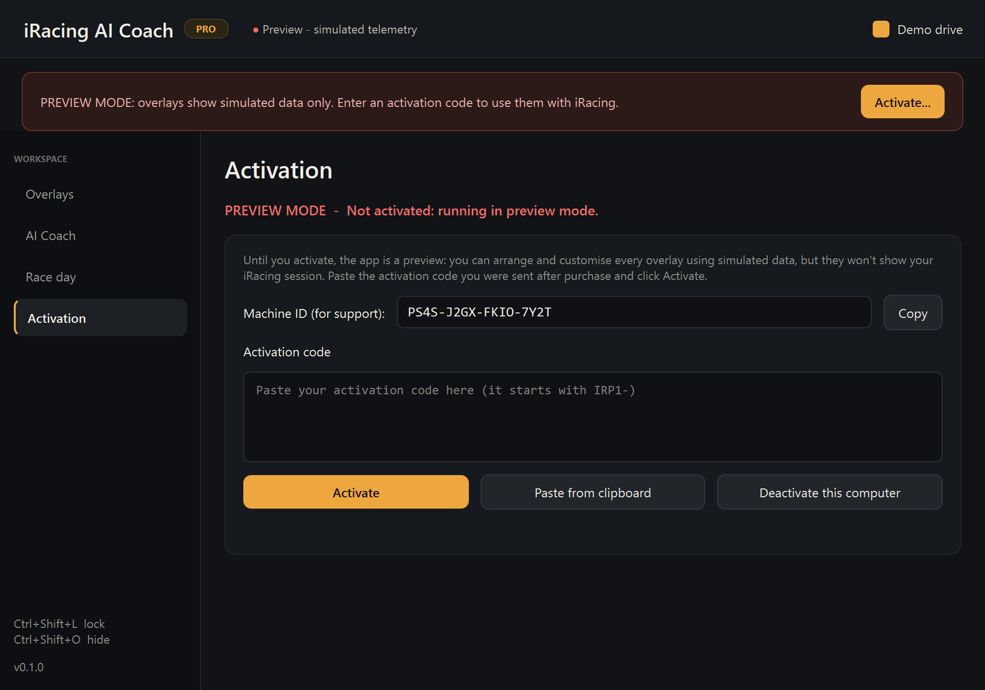 The LapVoice activation page with a field for the licence code and a Machine ID.