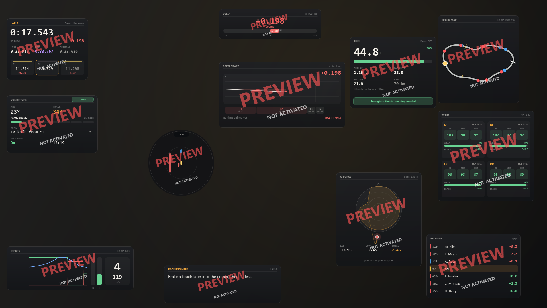 The app in preview mode, with a PREVIEW mark on every overlay.